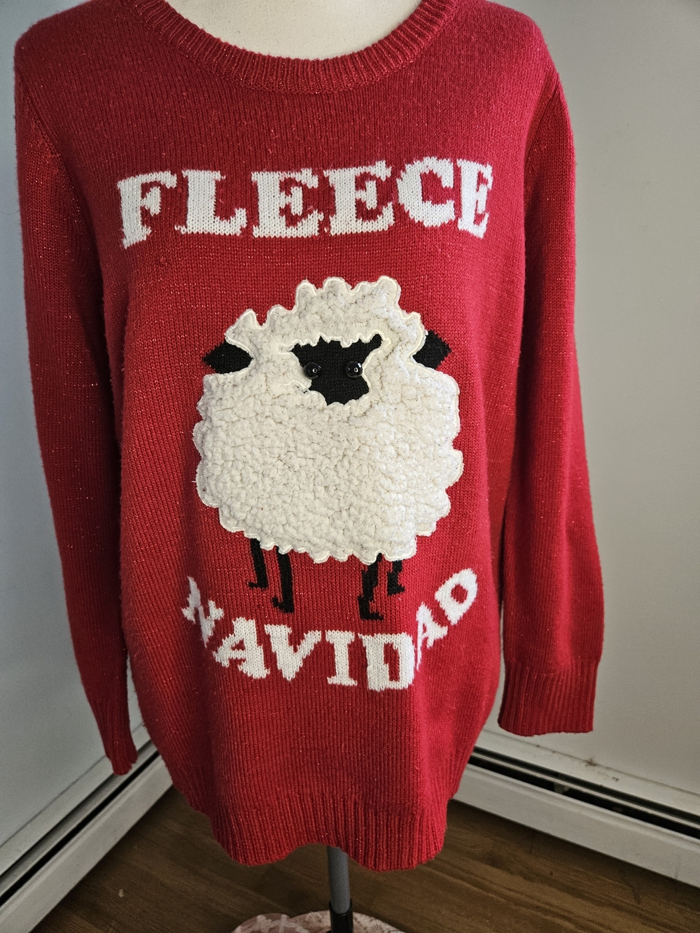 Holiday Time Red Crewneck Sweater with White Sheep. Fleece Navidad.